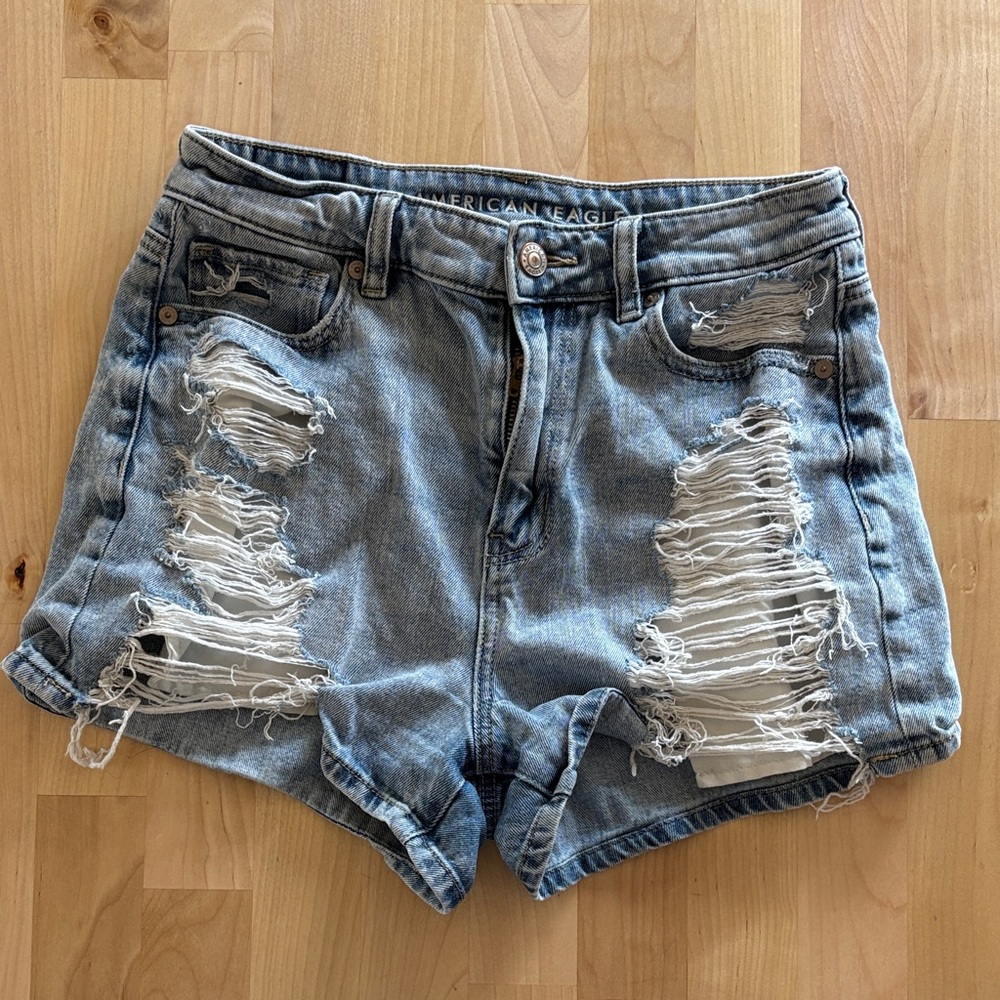 American Eagle Outfitters Light Blue Distressed High-Rise Denim Shorts
